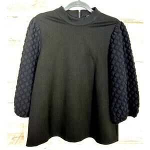 THML womens size Medium black boho 3/4 sleeve textured balloon sleeve back zip